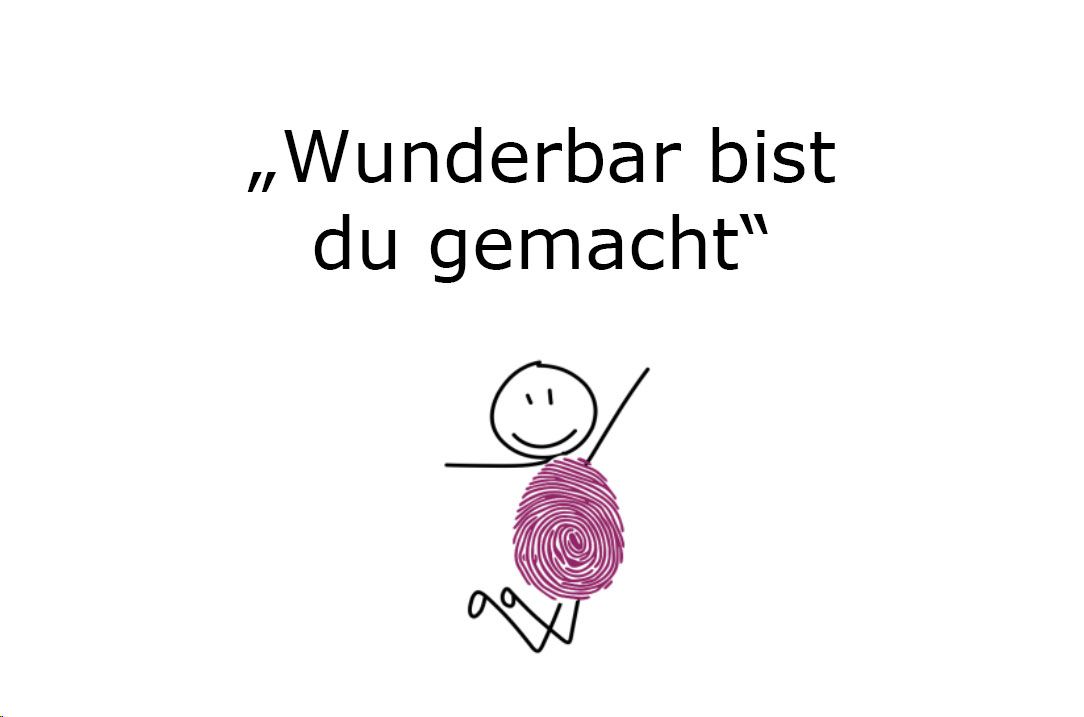 Gottesdienst zum Schutzkonzept: Ein Symbolbild für das Thema "Wunderbar bist du gemacht". Auf dem Bild springt eine gezeichnete Figur freudig in die Luft. Der Körper der Figur wurde durch einen Fingerabdruck gestaltet.